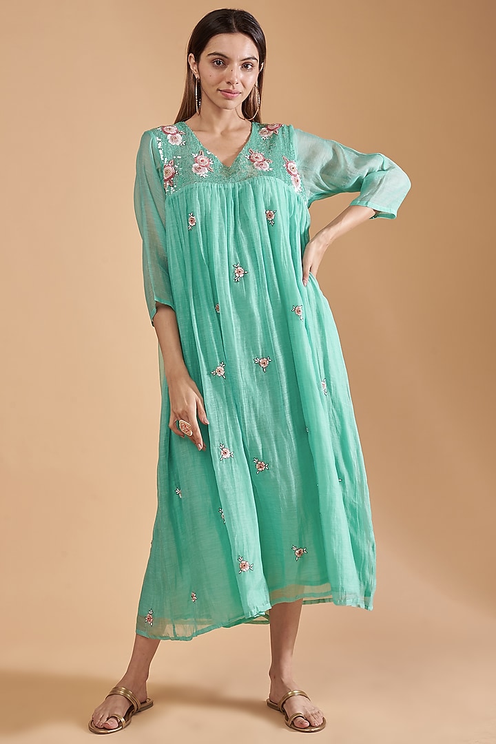 Teal Organic Silk Hand Embroidered Dress by Bhusattva