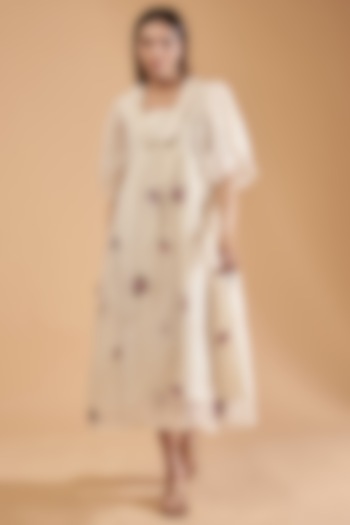 White Organic Cotton Silk Hand Embroidered Vacation Dress by Bhusattva at Pernia's Pop Up Shop