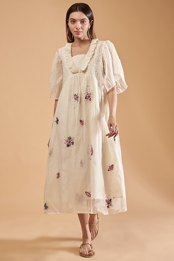 White Organic Cotton Silk Hand Embroidered Vacation Dress by Bhusattva at Pernia's Pop Up Shop