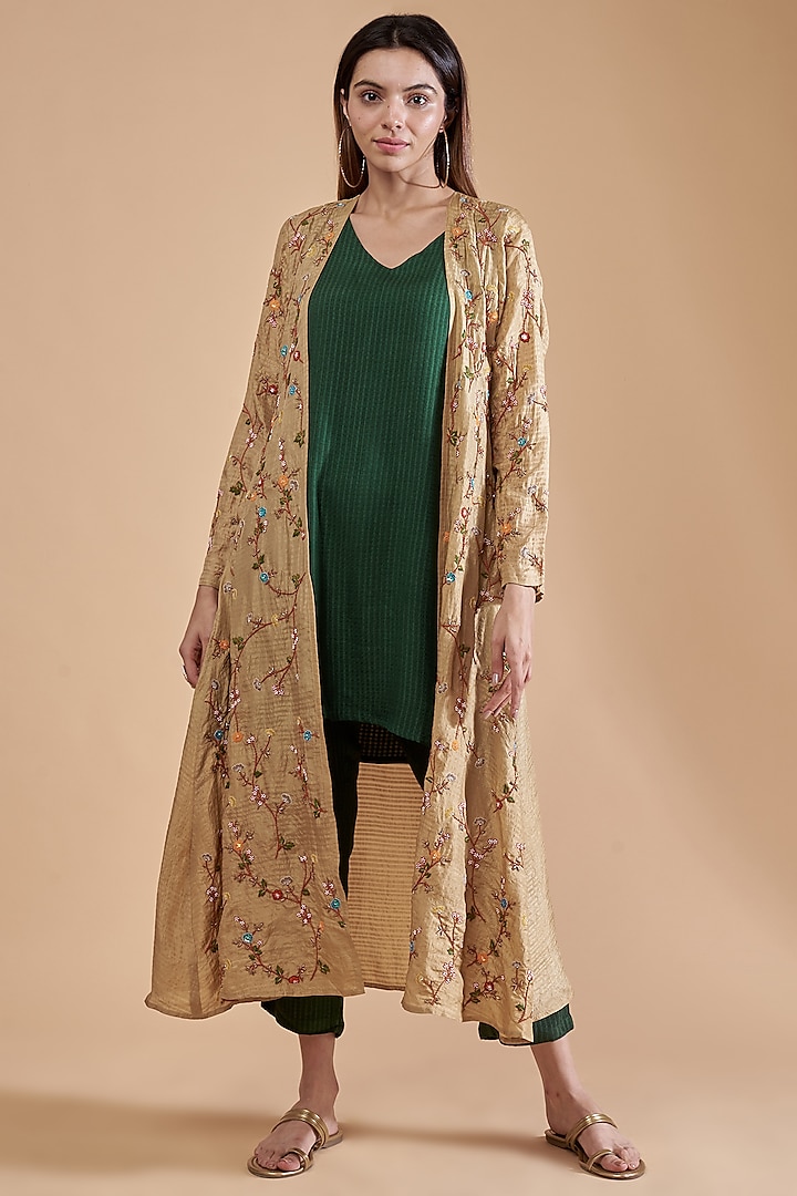 Beige Organic Silk Hand Embellished Jacket Set by Bhusattva