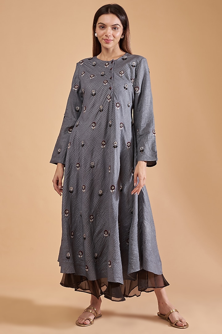 Grey & Charcoal Organic Silk Hand Embroidered Dress by Bhusattva