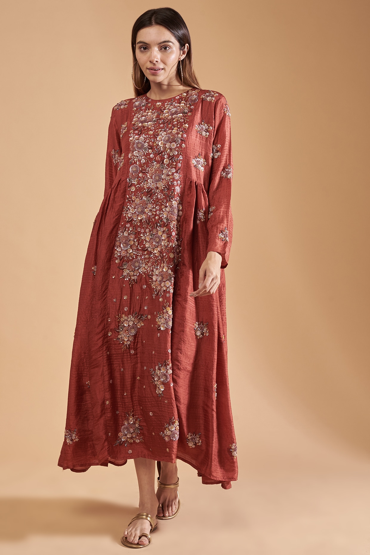 Rust Organic Silk Hand Embroidered Dress by Bhusattva at Pernia's Pop Up Shop 2026 Rust Organic Silk Hand Embroidered Dress by Bhusattva at Pernia's Pop Up Shop 2026