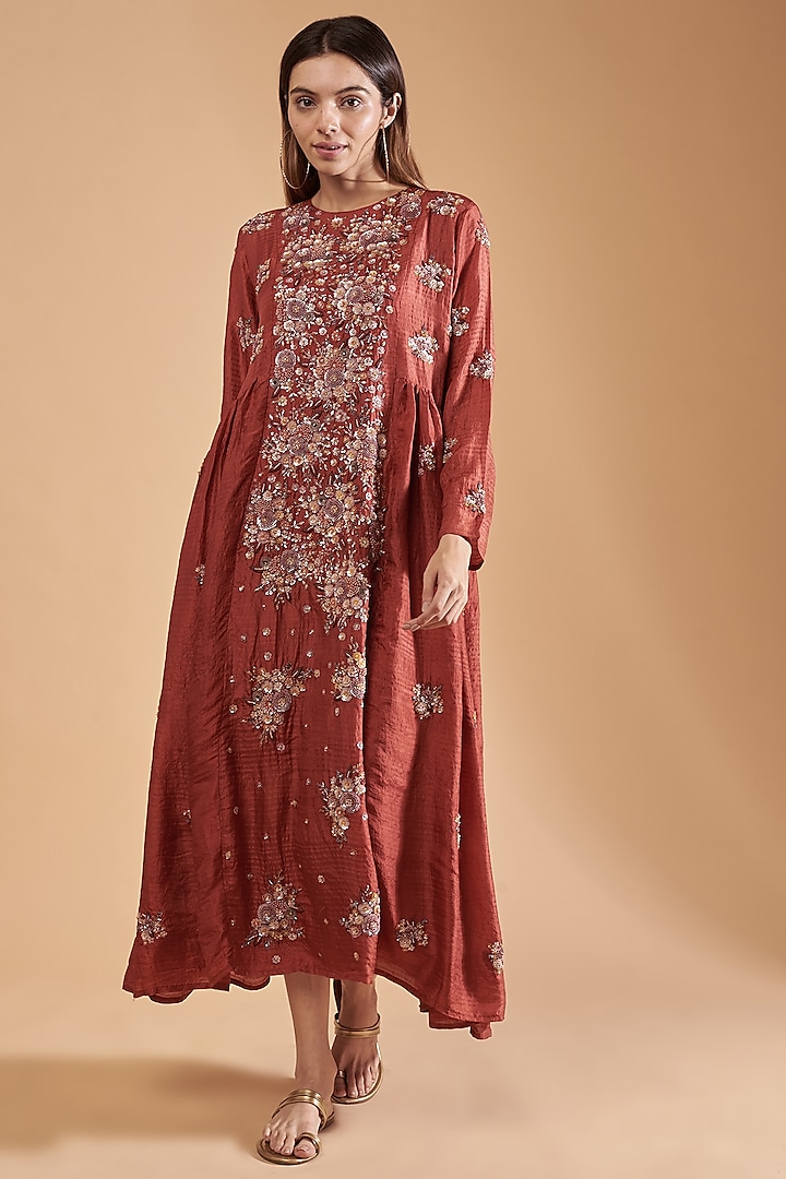 Rust Organic Silk Hand Embroidered Dress by Bhusattva