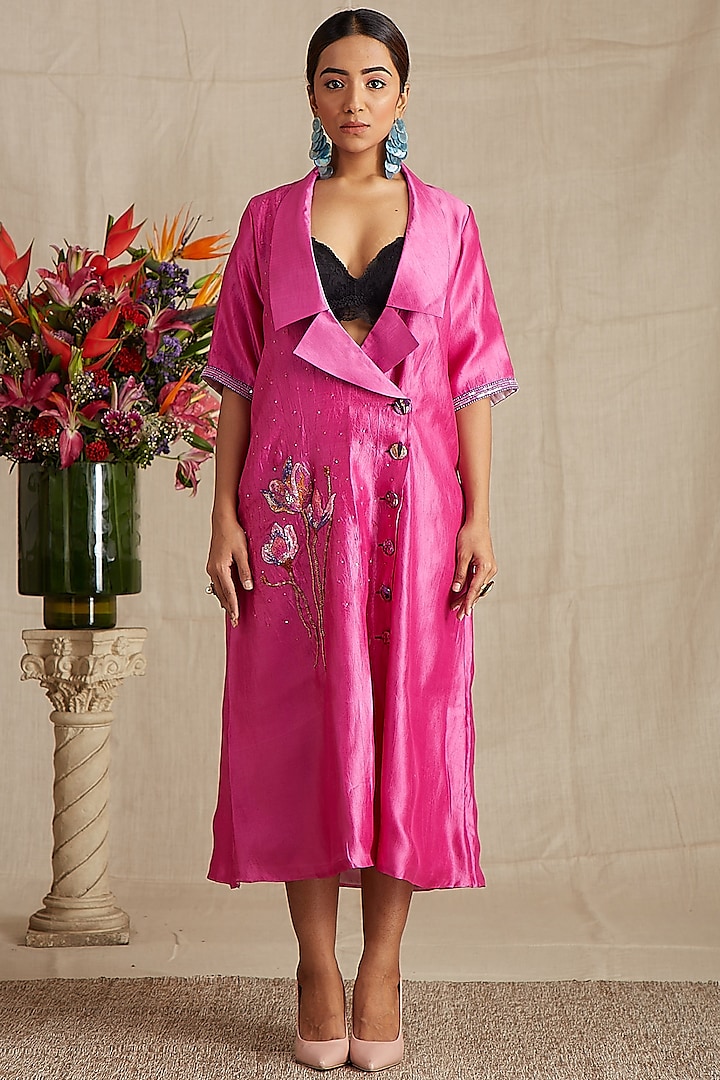 Hot Pink Hand Embroidered Trench Coat by Bhusattva