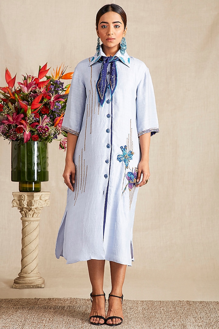 Ink Blue Hand Embroidered Shirt Dress With Mask by Bhusattva