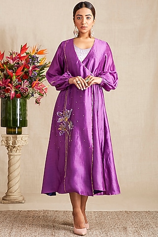 Purple & Ink Blue Hand Embroidered Dress With Mask by Bhusattva