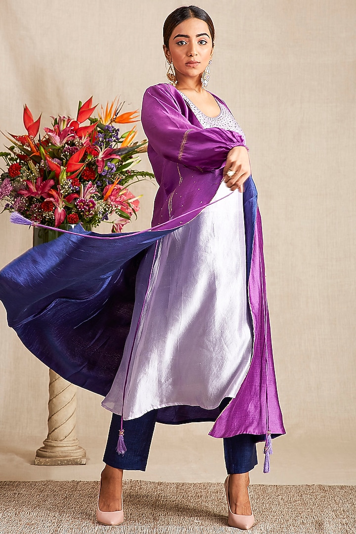 Purple & Ink Blue Hand Embroidered Dress With Mask by Bhusattva at Pernia's Pop Up Shop