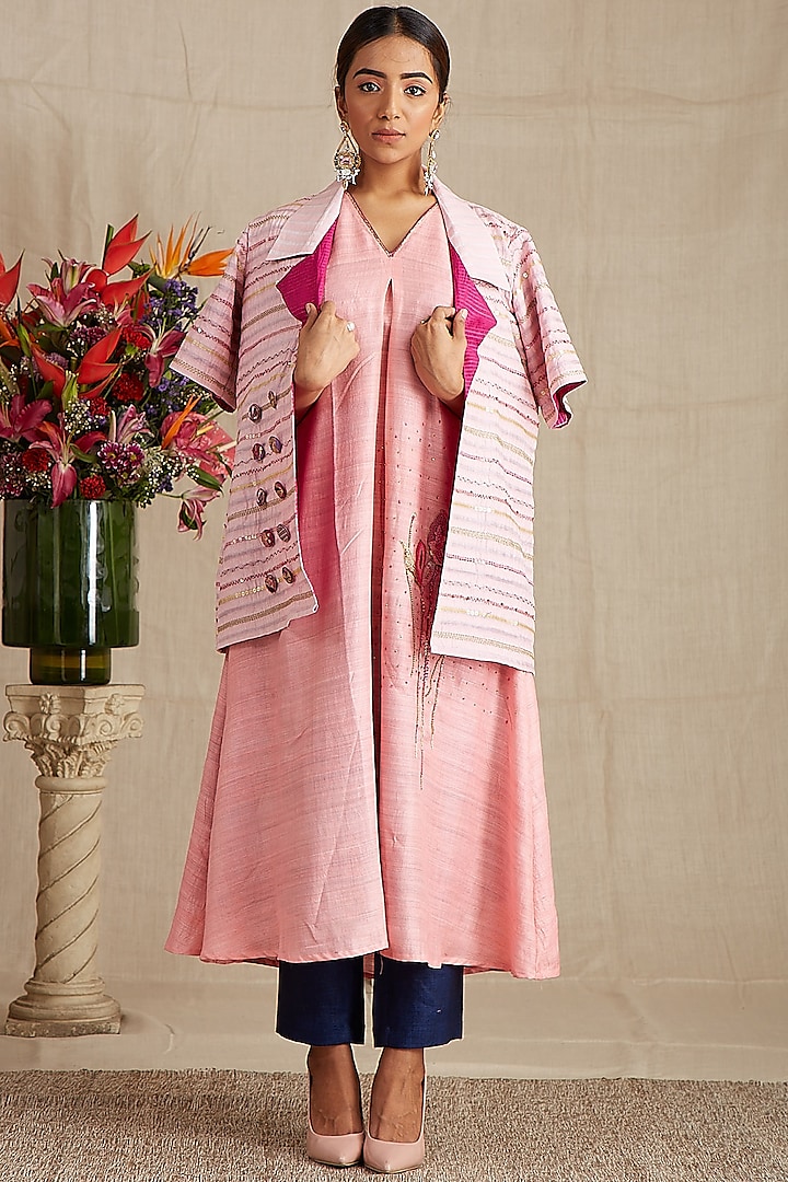 Pastel Pink Hand Embroidered Jacket by Bhusattva