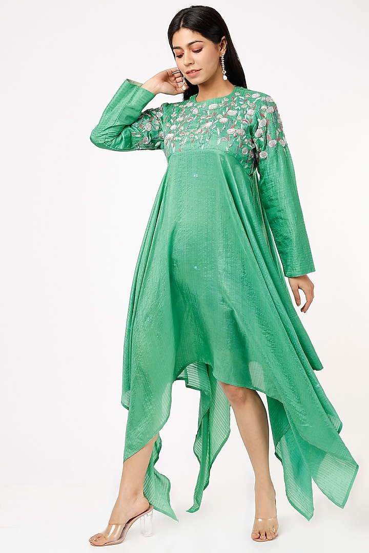 Pear Green Hand Embroidered Asymmetrical Handkerchief Dress by Bhusattva