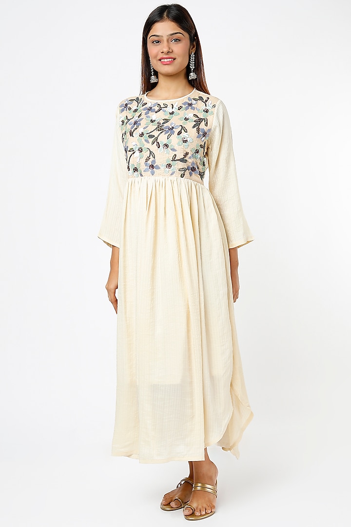 Off-White Hand Embroidered Asymmetrical Dress by Bhusattva