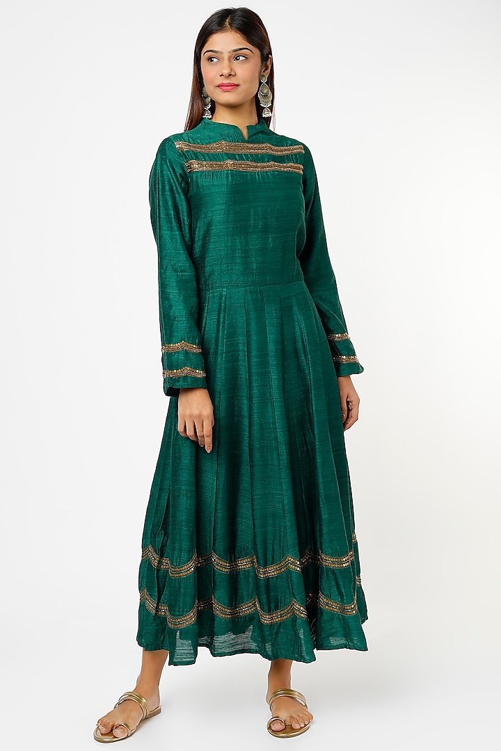 Moss Green Hand Embroidered Flared Dress by Bhusattva