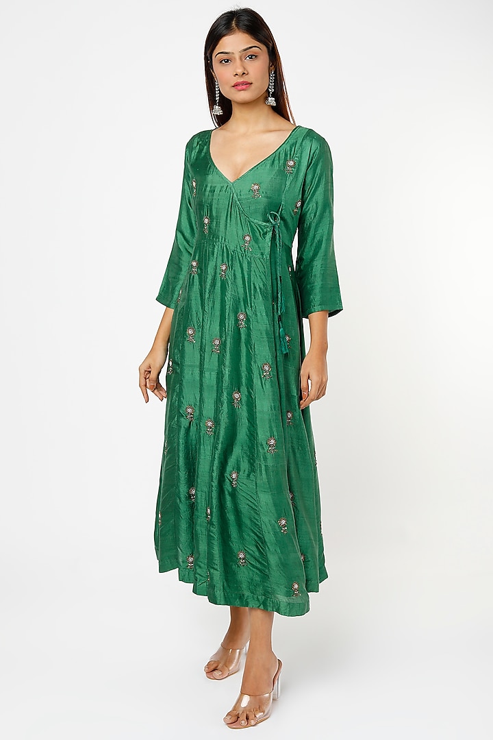 Green Hand Embroidered Angrakha Dress by Bhusattva