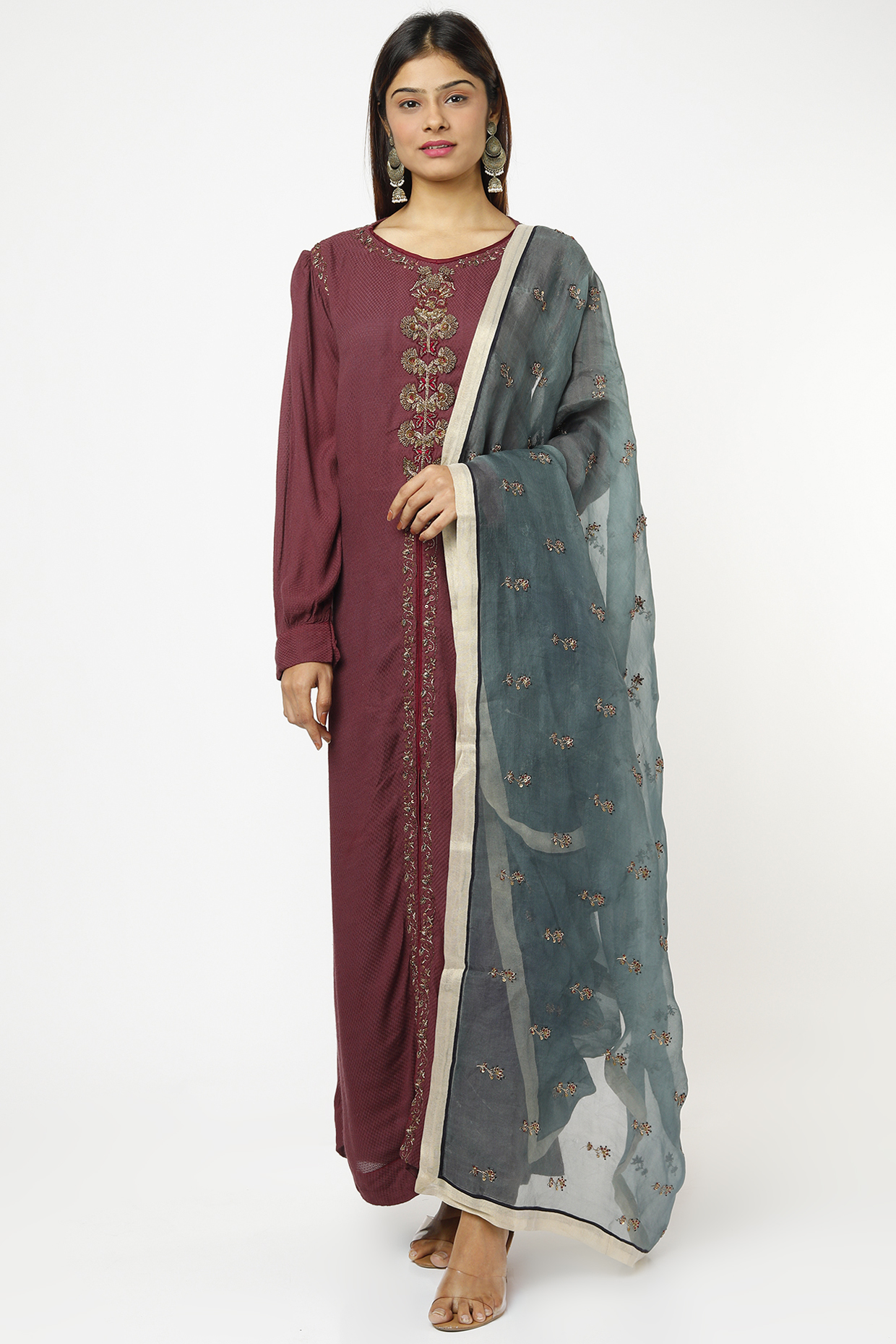 Maroon Hand Embroidered A-Line Kurta by Bhusattva at Pernia's Pop Up Shop