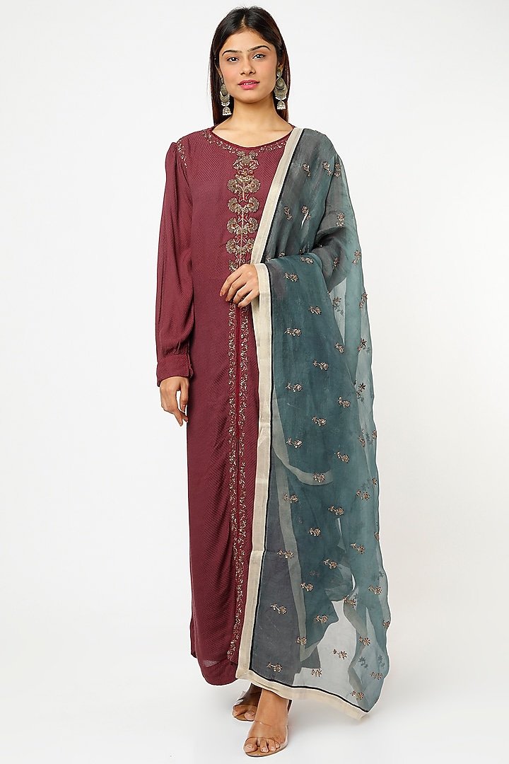 Maroon Hand Embroidered A-Line Kurta by Bhusattva at Pernia's Pop Up Shop