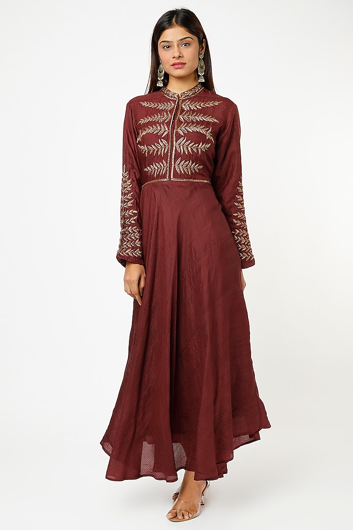 Cinnamon Red Hand Embroidered Flared Dress by Bhusattva
