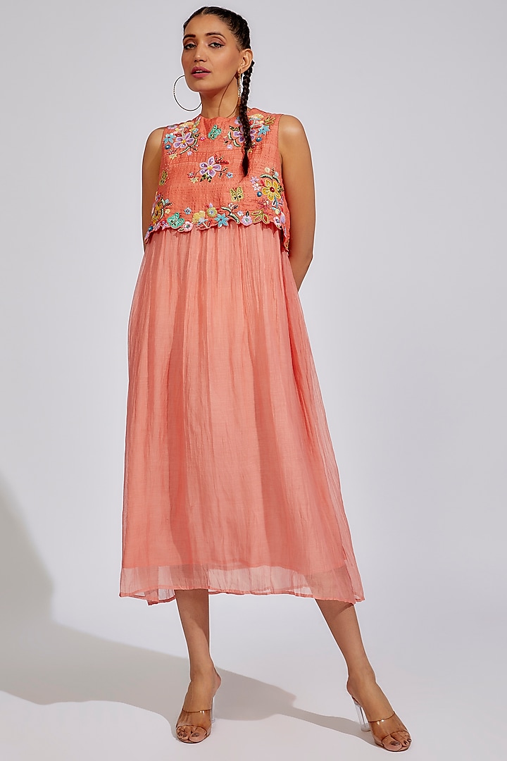 Peach Organic Silk Embroidered Layered Dress by Bhusattva at Pernia's Pop Up Shop