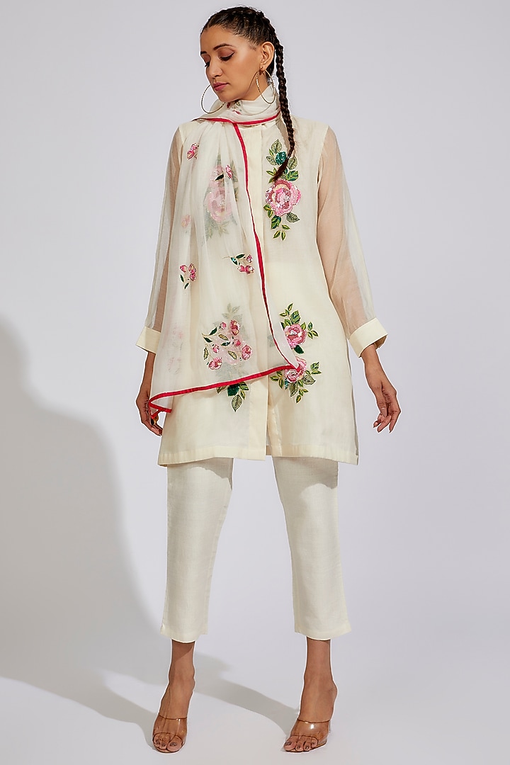 White Organic Cotton Silk Embroidered Co-Ord Set by Bhusattva at Pernia's Pop Up Shop