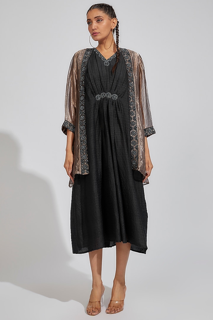 Black Organic Silk Embellished Jacket Vacation Dress by Bhusattva at Pernia's Pop Up Shop