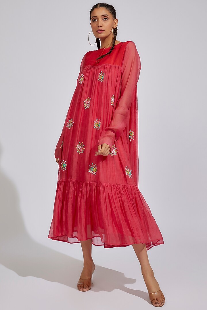 Red Organic Cotton Silk Embroidered Tiered Vacation Dress by Bhusattva at Pernia's Pop Up Shop