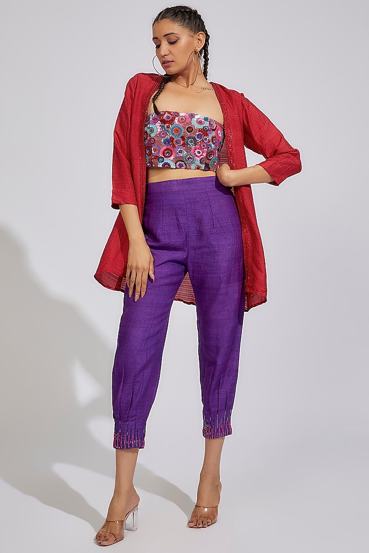 Violet Organic Silk Hand Embellished Pant Set by Bhusattva