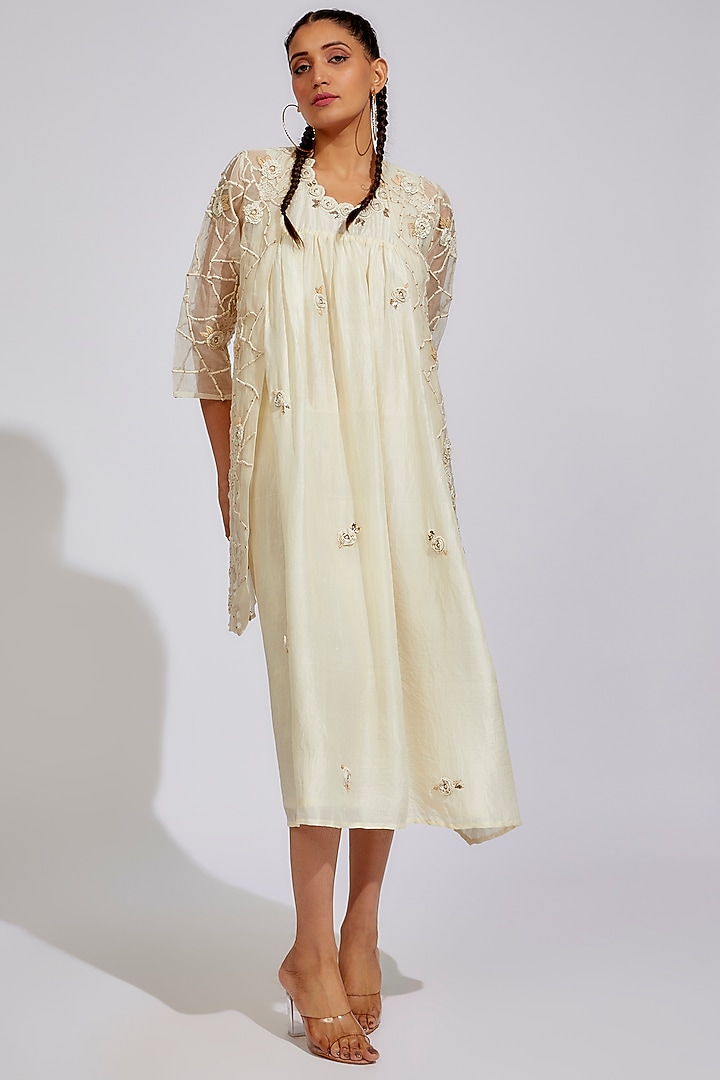 Light Beige Organic Silk Embroidered Jacket Cocktail Dress by Bhusattva at Pernia's Pop Up Shop