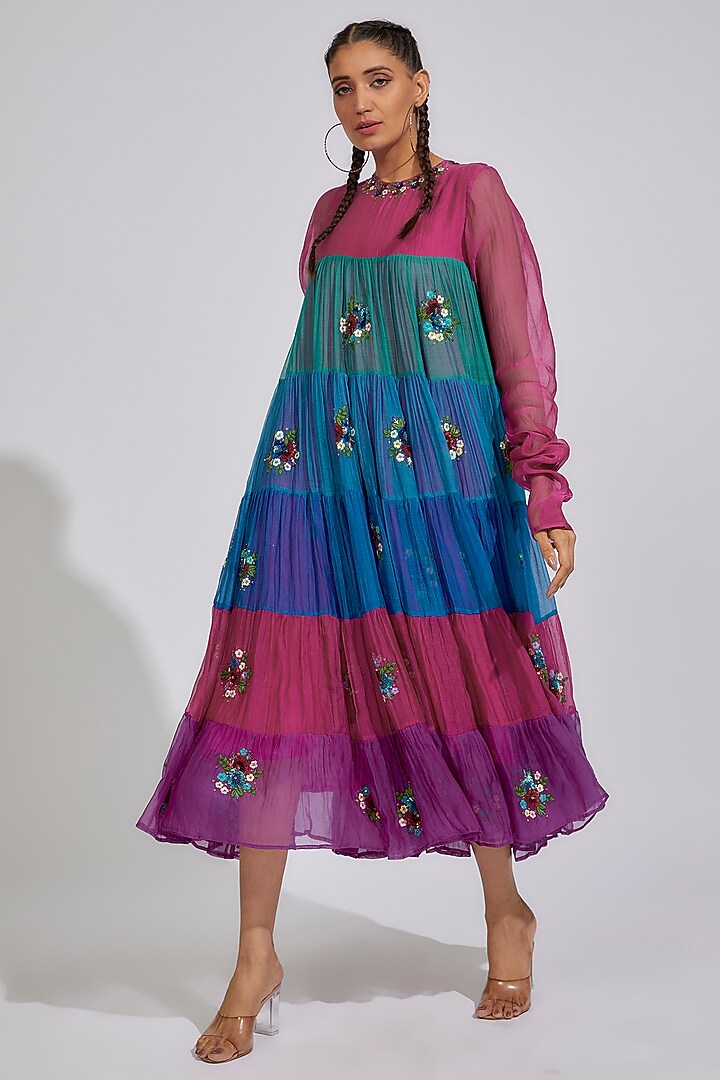 Multi-Colored Organic Cotton Silk Embellished Tiered Cocktail Dress by Bhusattva at Pernia's Pop Up Shop