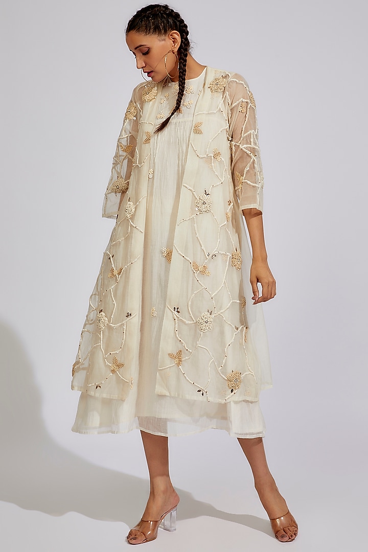 White Organic Cotton Silk Embroidered Jacket Dress by Bhusattva