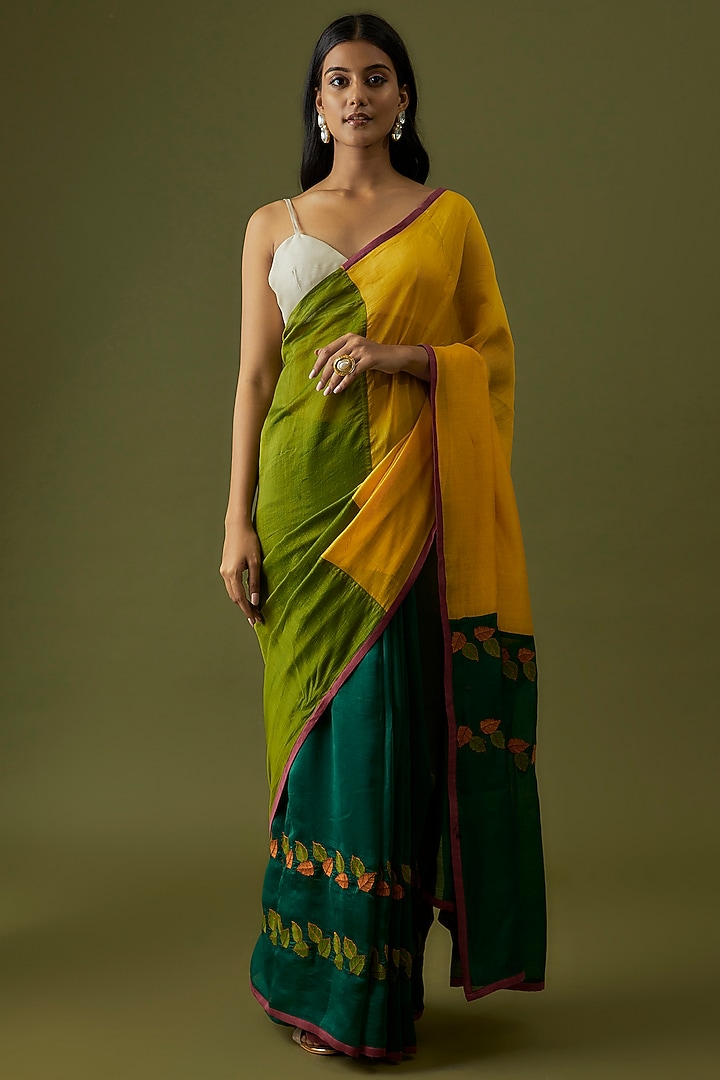 Multi-Colored Organic Cotton Silk Embroidered Party Wear Saree by Bhusattva at Pernia's Pop Up Shop