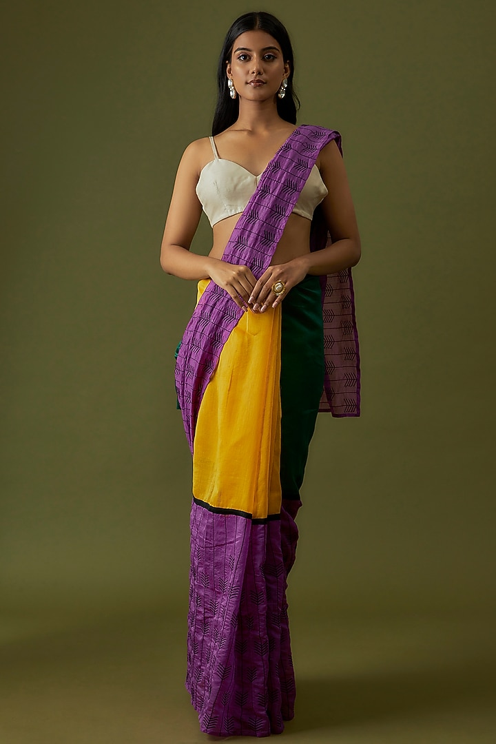 Purple & Yellow Organic Cotton Silk Embroidered Party Wear Saree by Bhusattva at Pernia's Pop Up Shop