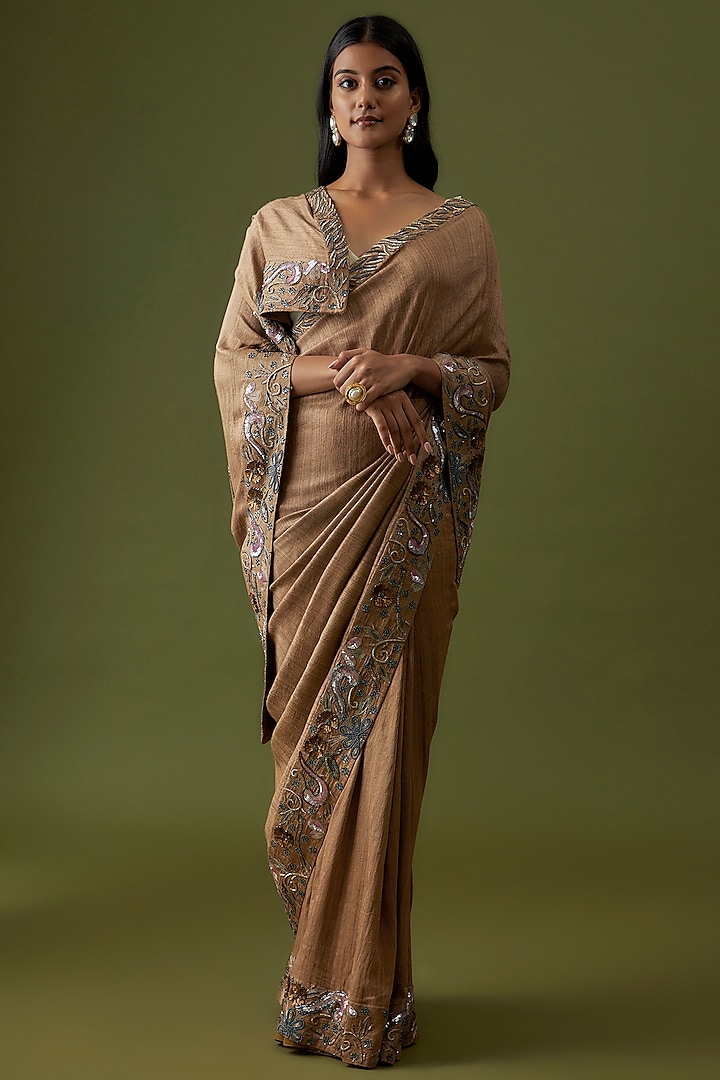 Coffee Brown Organic Silk Embellished Saree by Bhusattva at Pernia's Pop Up Shop