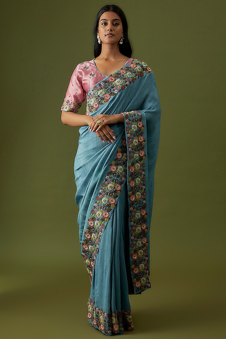 Ocean Blue Organic Silk Hand Embroidered Saree Set by Bhusattva