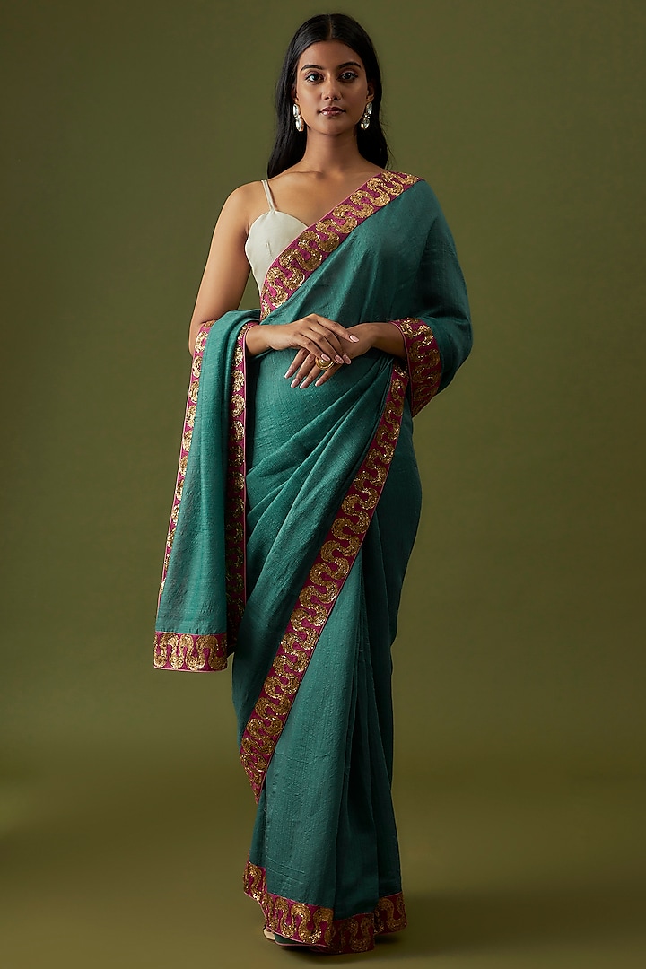 Turquoise Organic Silk Hand Embroidered Saree Set by Bhusattva