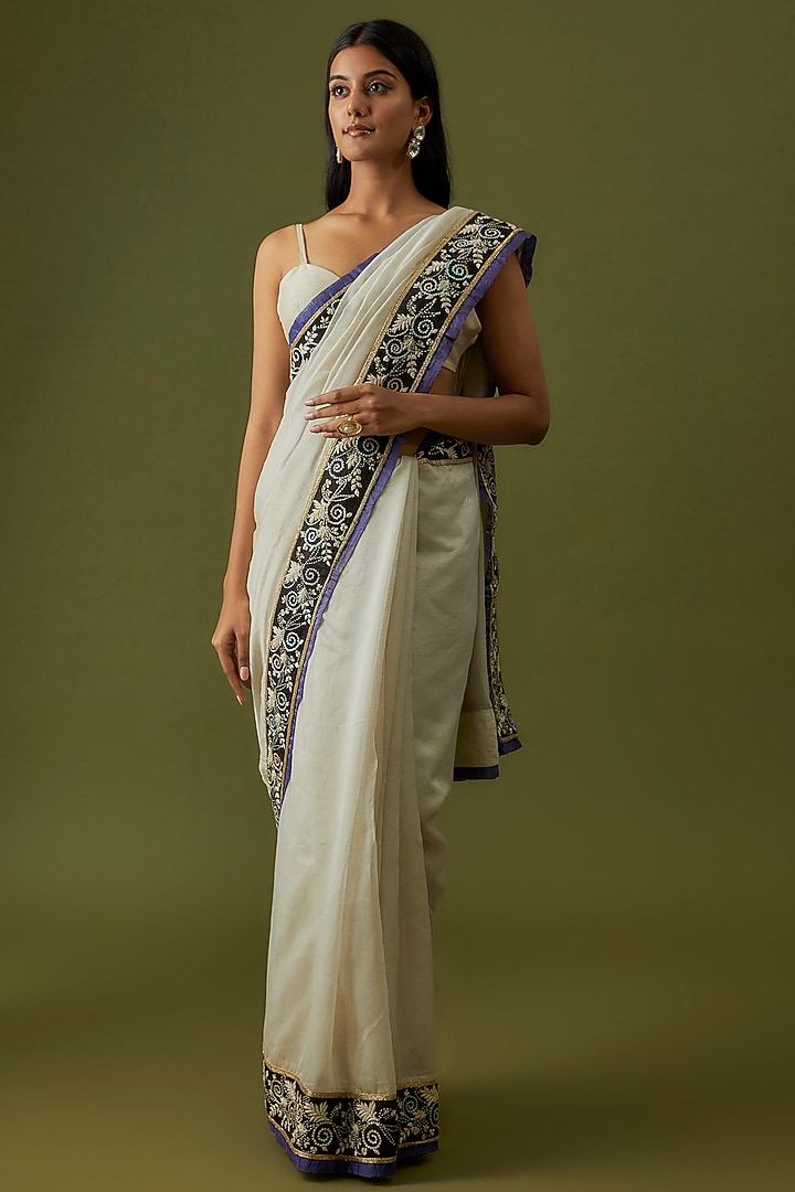 White Organic Cotton Silk Embellished Party Wear Saree by Bhusattva at Pernia's Pop Up Shop