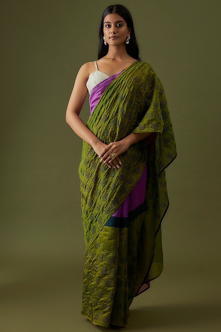 Olive Green & Magenta Organic Cotton Silk Embroidered Saree by Bhusattva