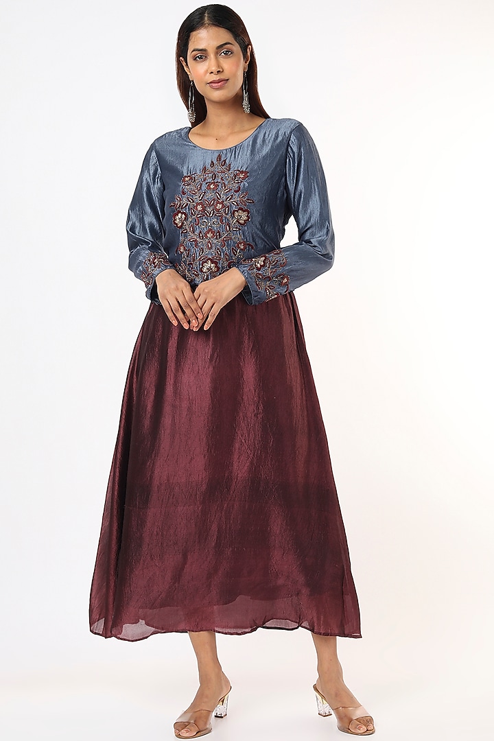 Wine & Blue Hand Embroidered Dress by Bhusattva
