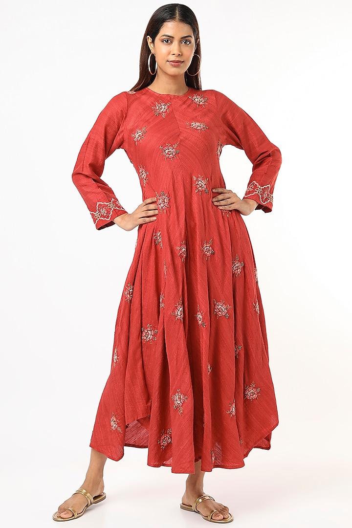 Fuchsia Pink Hand Embroidered Dress by Bhusattva