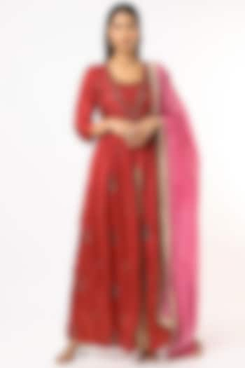 Ruby Red hand Embroidered Dress With Dupatta by Bhusattva at Pernia's Pop Up Shop