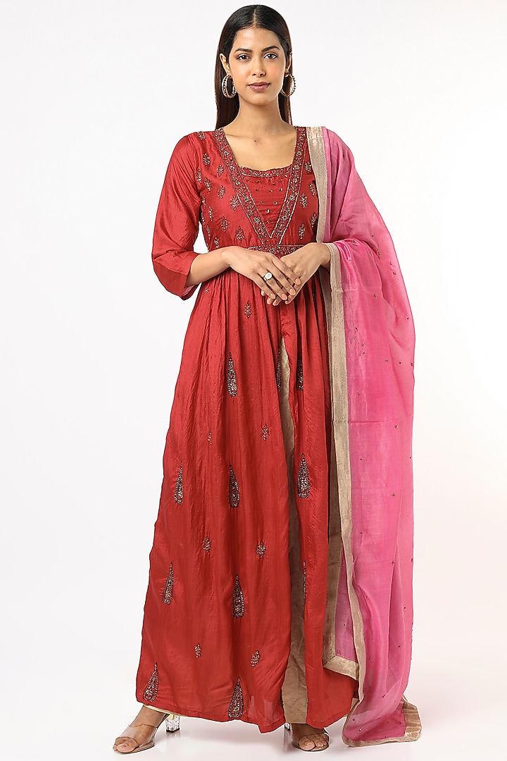 Ruby Red hand Embroidered Dress With Dupatta by Bhusattva at Pernia's Pop Up Shop