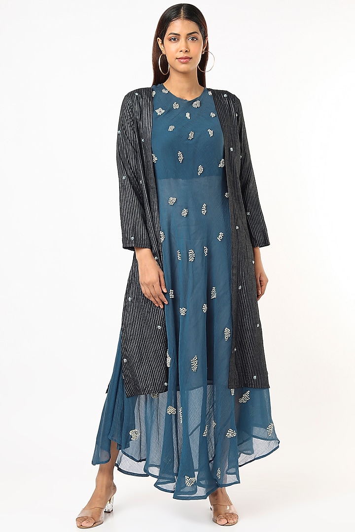 Ink Blue Embroidered Dress With shrug by Bhusattva