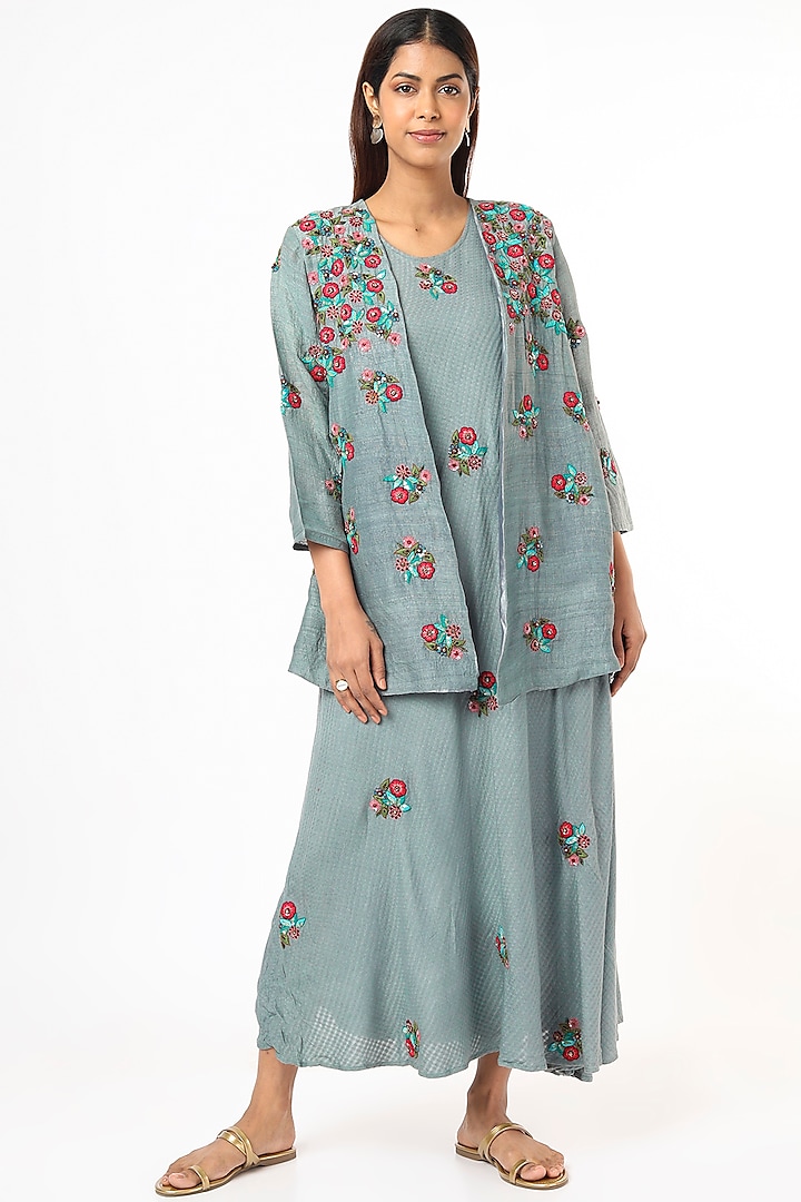 Dusty Blue Hand Embroidered Dress With jacket by Bhusattva