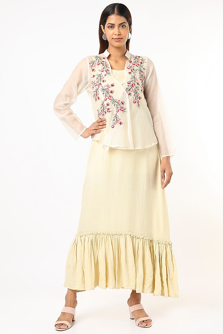 White Hand Embroidered Jacket Dress by Bhusattva