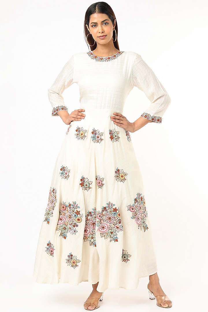 White Hand Embroidered Flared Dress by Bhusattva