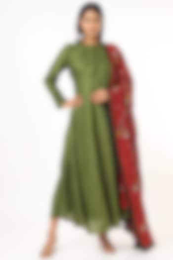 Olive Green Embroidered Vacation Dress With Dupatta by Bhusattva at Pernia's Pop Up Shop