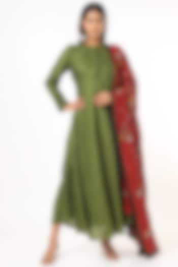 Olive Green Embroidered Dress With Dupatta by Bhusattva