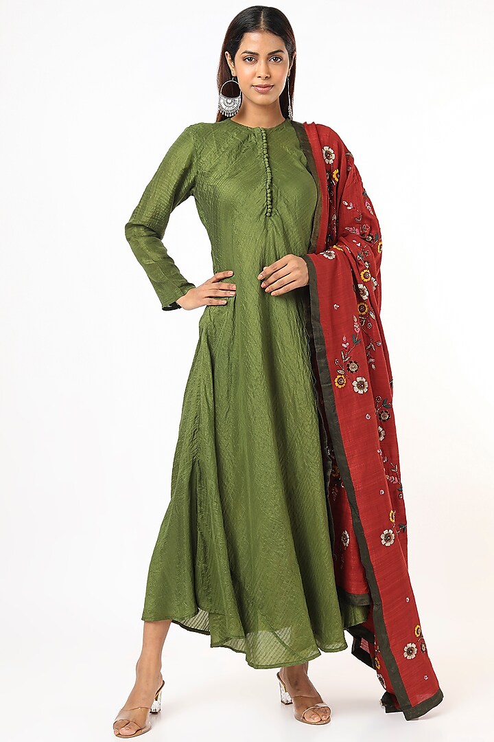 Olive Green Embroidered Dress With Dupatta by Bhusattva