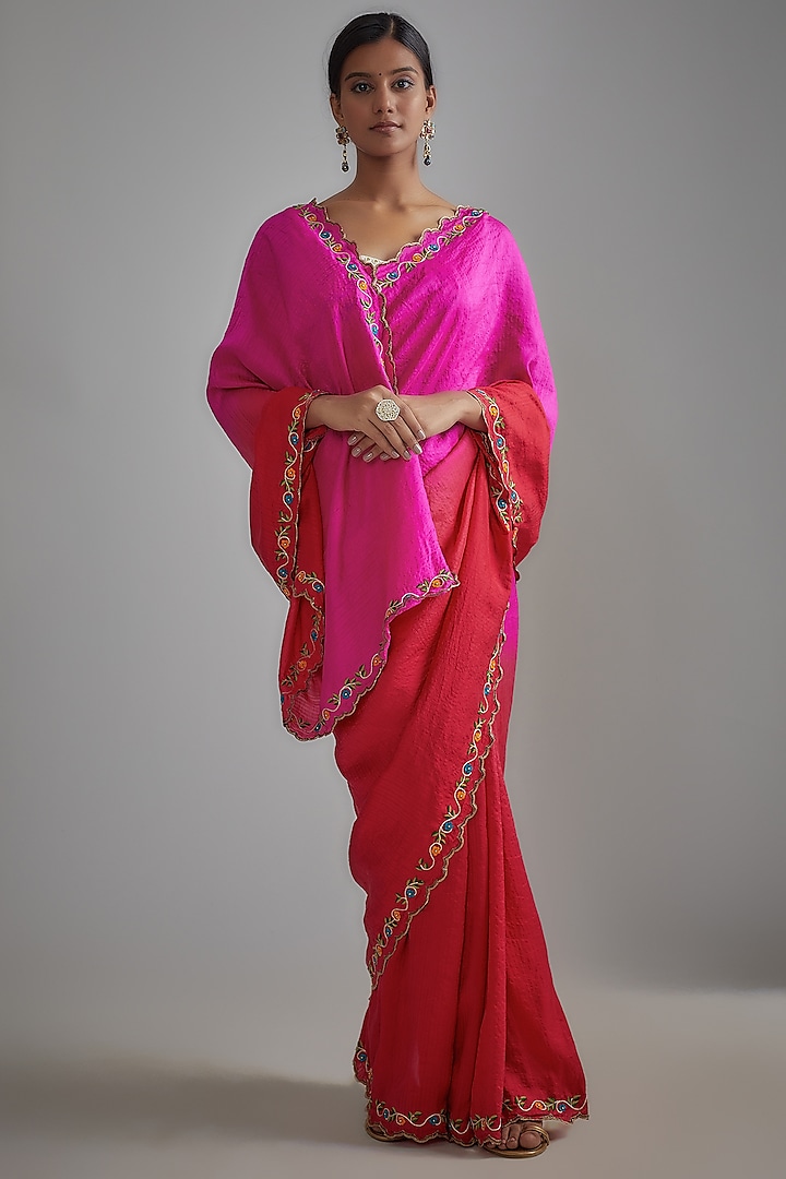 Pink & Red Ombre Silk Embroidered Saree Set by Bhusattva