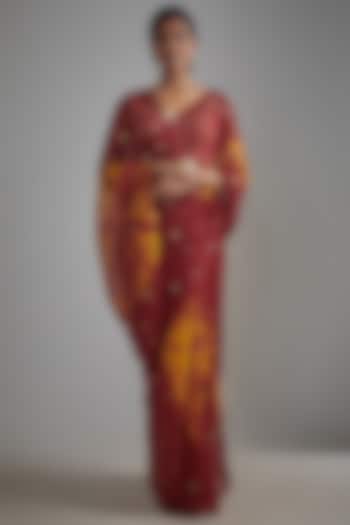 Maroon & Yellow Cotton Silk Embellished Saree Set by Bhusattva
