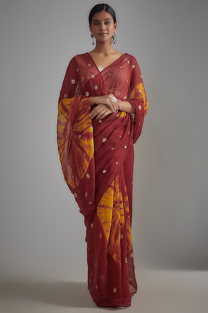 Maroon & Yellow Cotton Silk Embellished Saree Set by Bhusattva