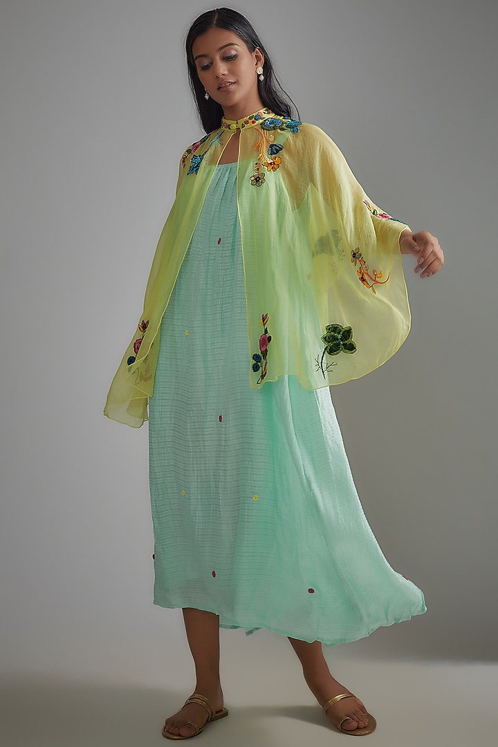 Lemon Yellow & Pastel Blue Silk Embroidered Jacket Dress by Bhusattva