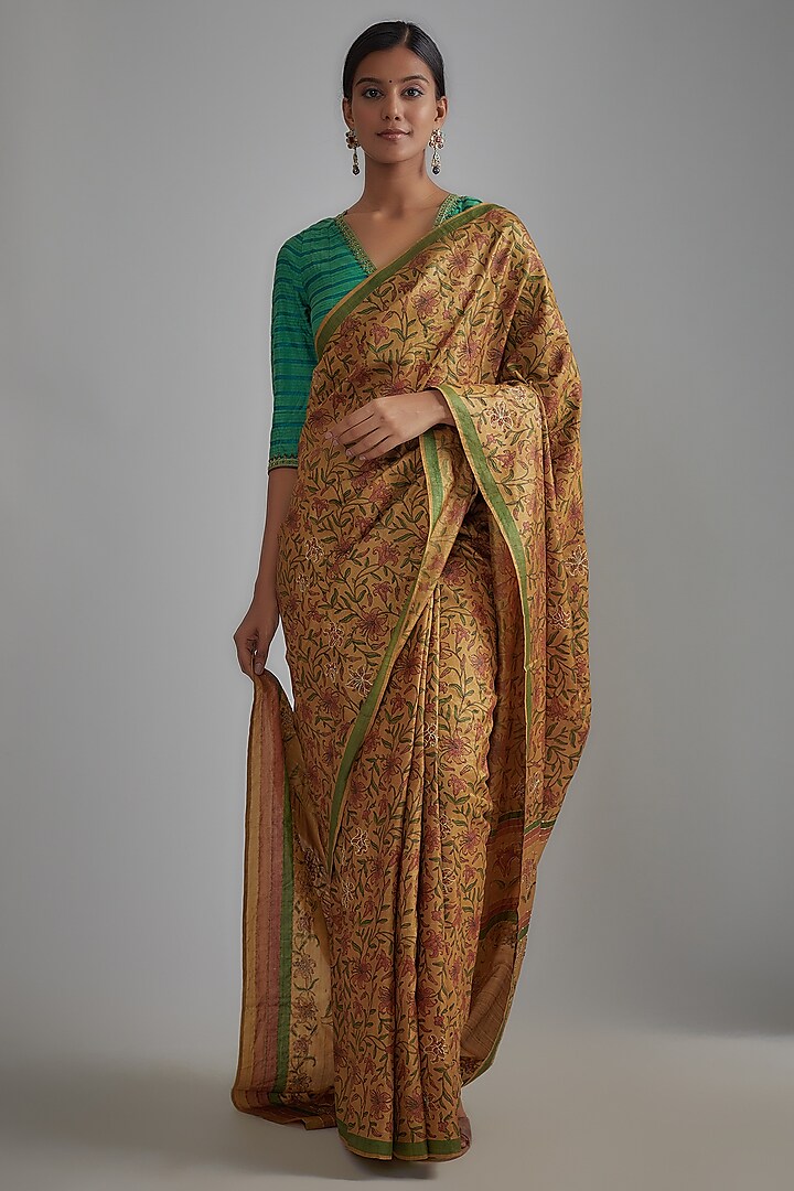Beige Silk Printed & Embellished Saree Set by Bhusattva